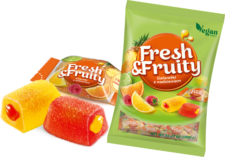 Galaretki Fresh&Fruity w klasycznych smakach owocowych – opakowanie i przekrój galaretki z pomarańczowym nadzieniem