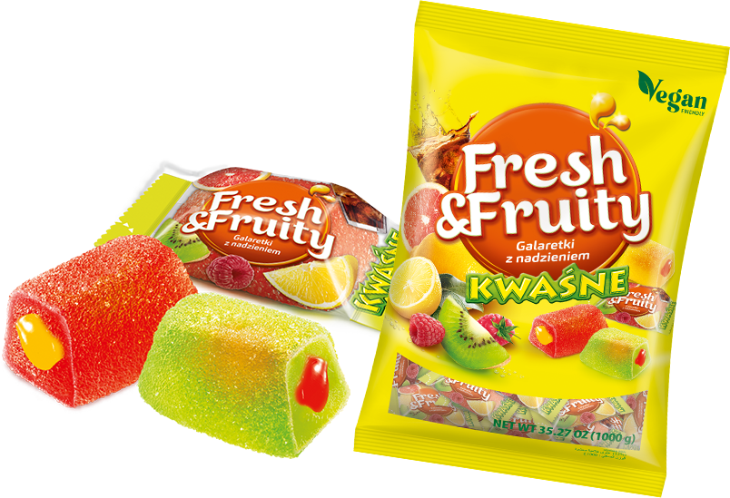 Galaretki Fresh&Fruity Kwaśne – opakowanie i przekrój galaretki z kwaśną otoczką i owocowym nadzieniem