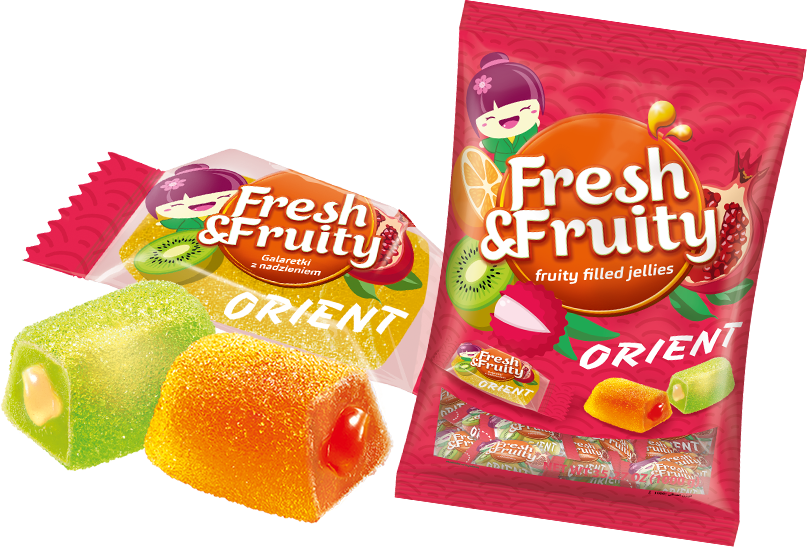 Galaretki Fresh&Fruity Orient – opakowanie i przekrój galaretki z egzotycznym nadzieniem