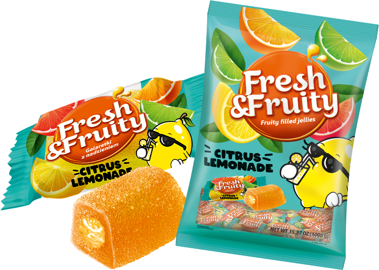 Galaretki Fresh&Fruity Citrus Lemonade – opakowanie i przekrój galaretki cytrusowej z nadzieniem